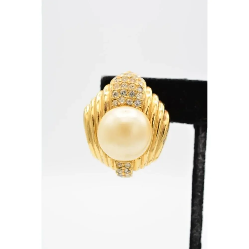 Ciner Vintage Crystal Clip On Earrings Pearl Gold Bold Chunky Heavy Signed BinAG